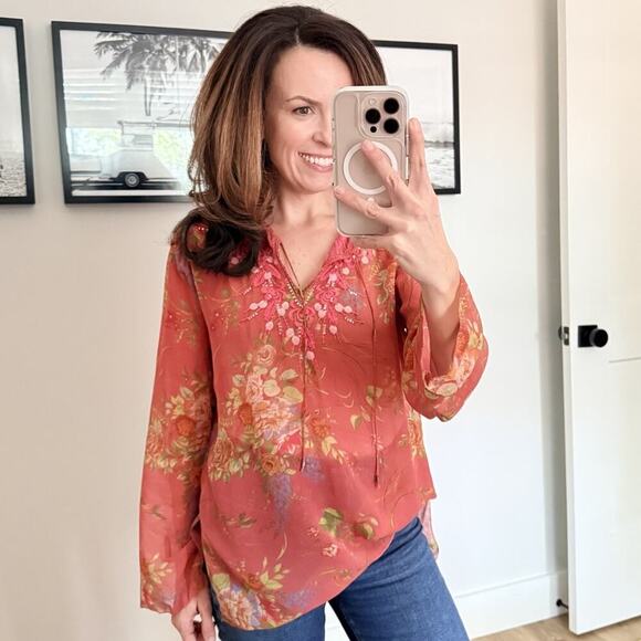 CAbi Tops - Cabi Coral Floral Lightweight Silk Sequin Embellished Embroidered Blouse Size S